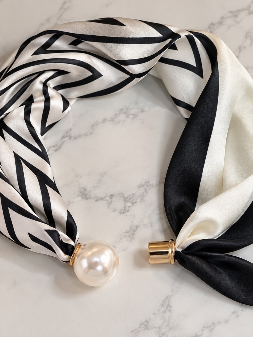 Black & White Satin Scarf with Pearl Magnetic Closure - Picture 2 of 3